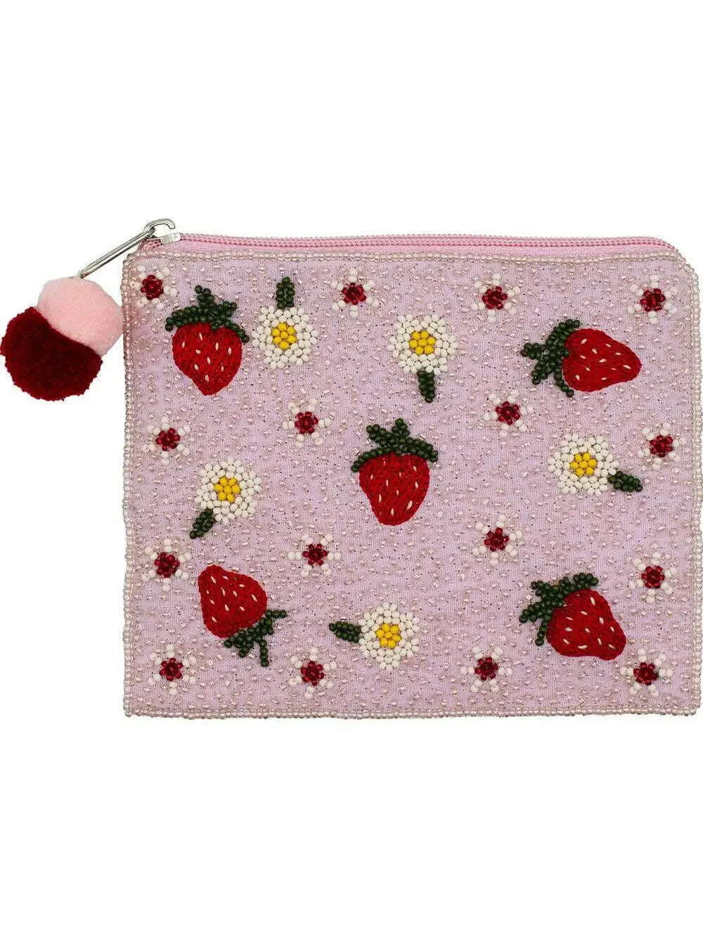 Pink Strawberry Floral Beaded Coin Purse Cosmetic Bag